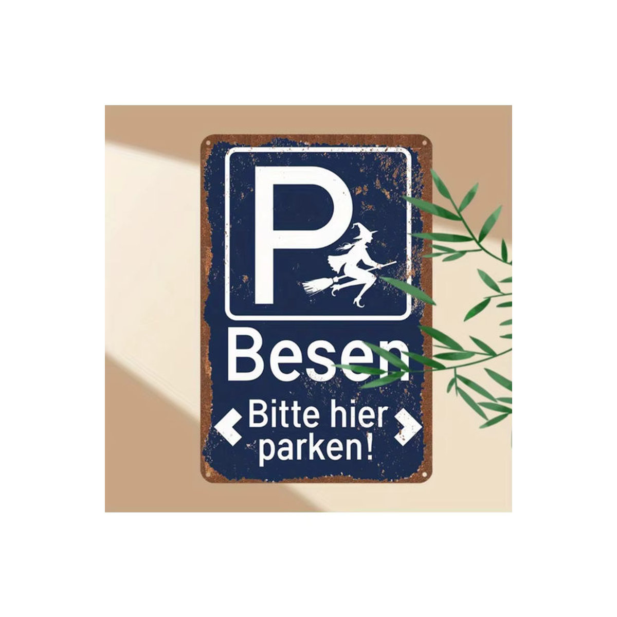 HELLOYOUNG Vintage Hexenbesen-Parkschild aus Metall in Blau, Rechteckiges Retro-Metallschild mit Bite Me Design, Breite: 30,5 cm, Höhe: 30 cm - Bild 1