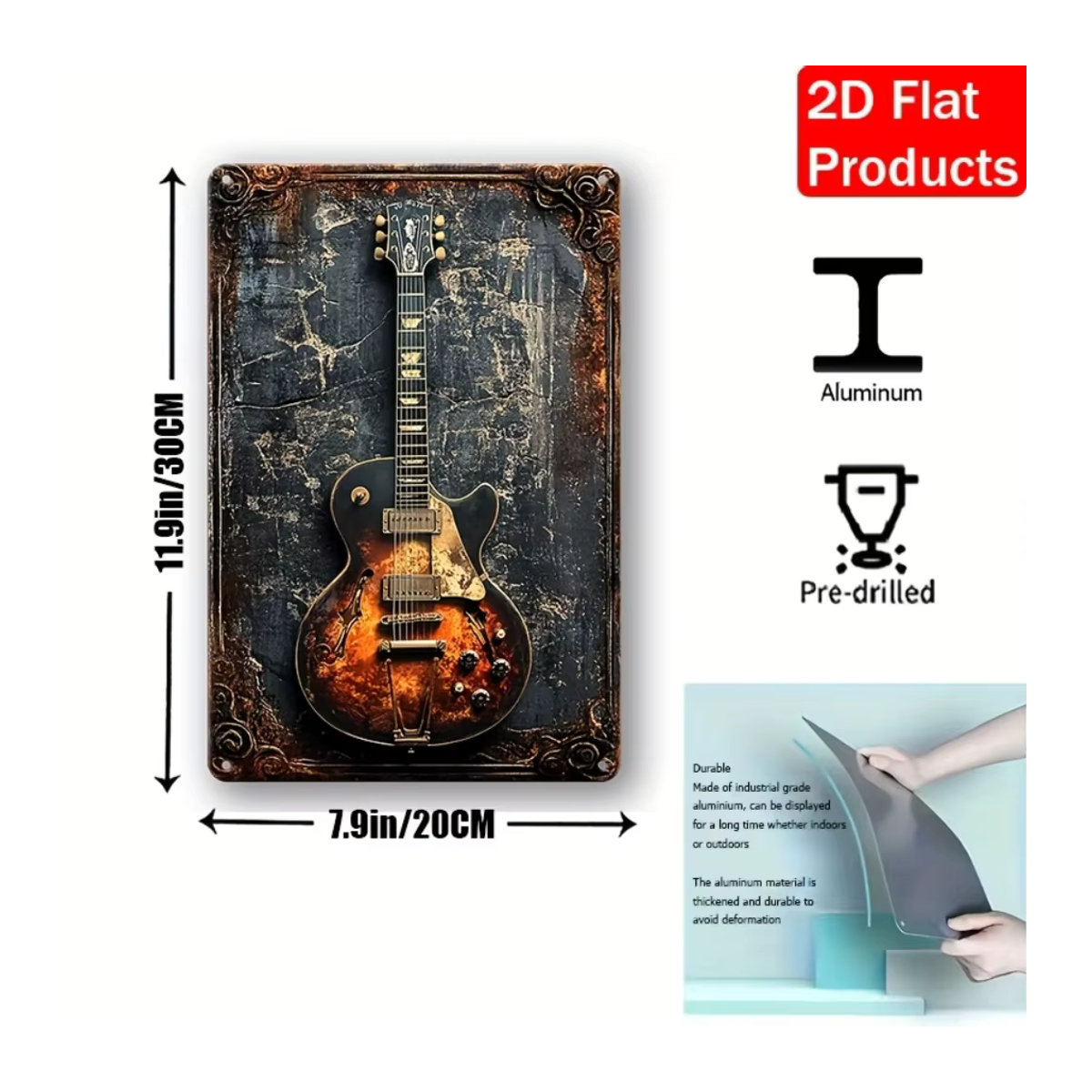 HELLOYOUNG Vintage Landgitarren Wandkunst aus Metall, Mehrfarbige Eisenplakette zur Wandmontage, B: 20 cm, H: 30 cm, T: 20 cm - Bild 2
