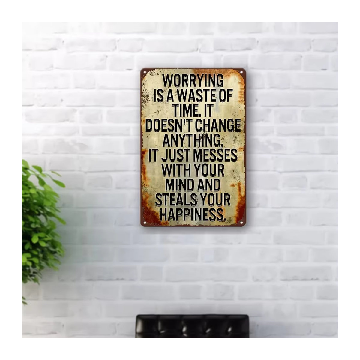 HELLOYOUNG Vintage-Metallschild aus Eisen mit Zitat Minder Sorgen, mehr lebe als Wanddekoration, B/H: 30,0 x 20,0 cm - Bild 1