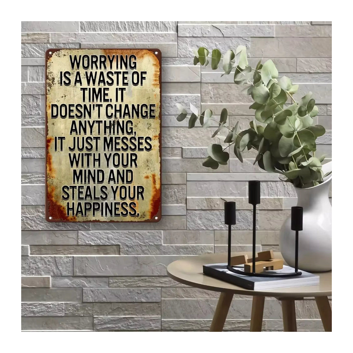HELLOYOUNG Vintage-Metallschild aus Eisen mit Zitat Minder Sorgen, mehr lebe als Wanddekoration, B/H: 30,0 x 20,0 cm - Bild 3