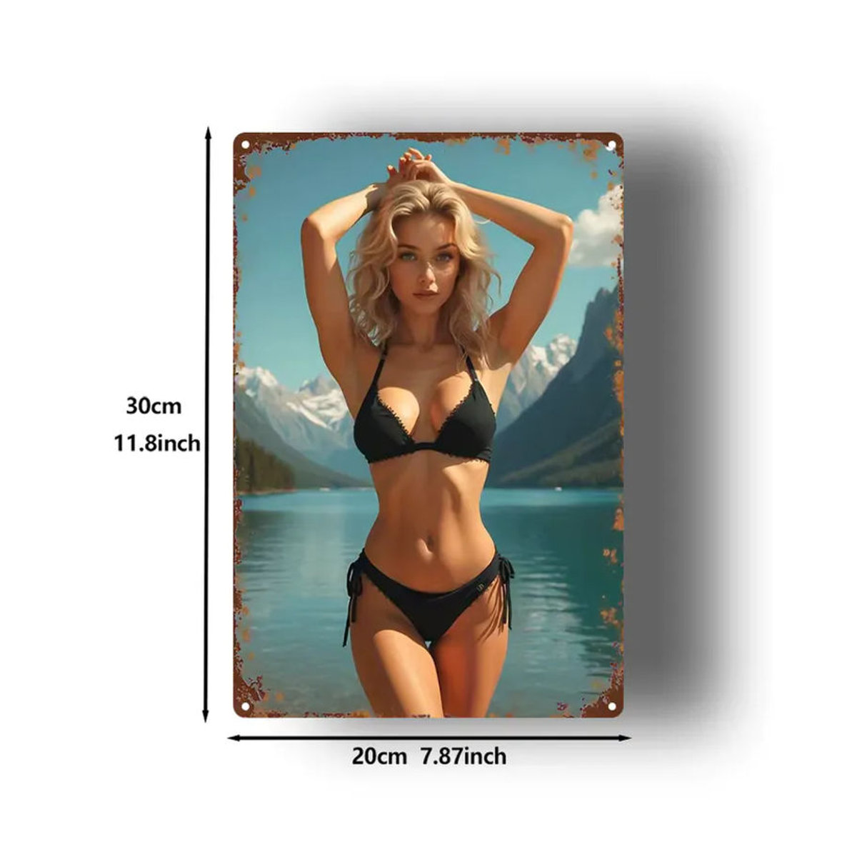 HELLOYOUNG Vintage Metallschild Bikini-Mädchen in Schwarz und Mehrfarbig, Rechteckige Wanddekoration für Zuhause und Fitnessraum, B: 30 cm, H: 20 cm - Bild 3