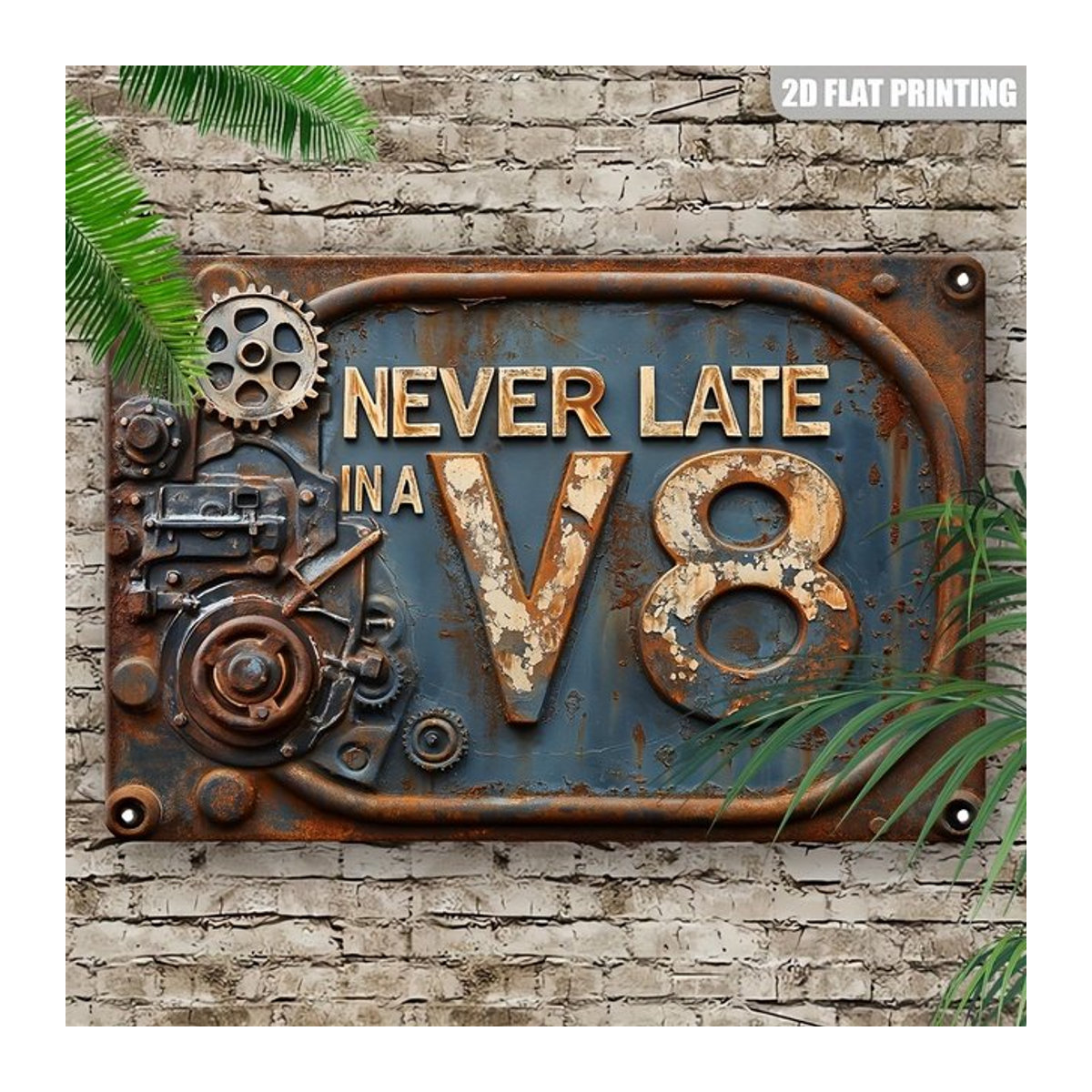 HELLOYOUNG Vintage Metallschild Never Late in A V8 für Garage und Garten, B: 30,0 cm, H: 20,0 cm, T: 0,1 cm - Bild 1