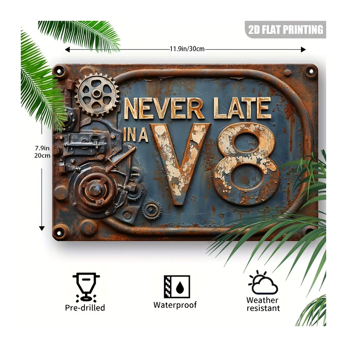 HELLOYOUNG Vintage Metallschild Never Late in A V8 für Garage und Garten, B: 30,0 cm, H: 20,0 cm, T: 0,1 cm - Bild 2