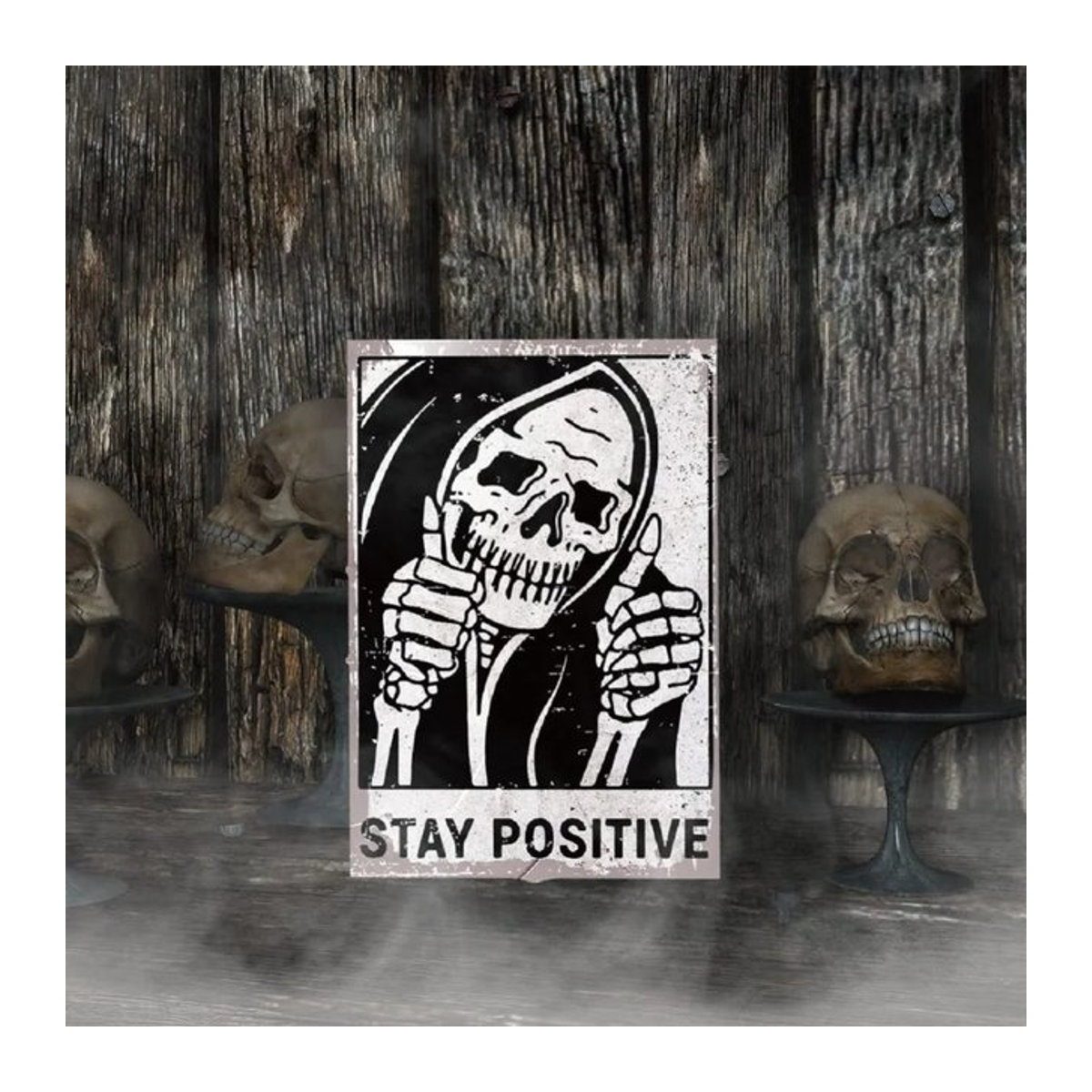HELLOYOUNG Vintage Stay Positive Schädel Metallschild Wanddekor in Schwarz und Weiß - Bild 1