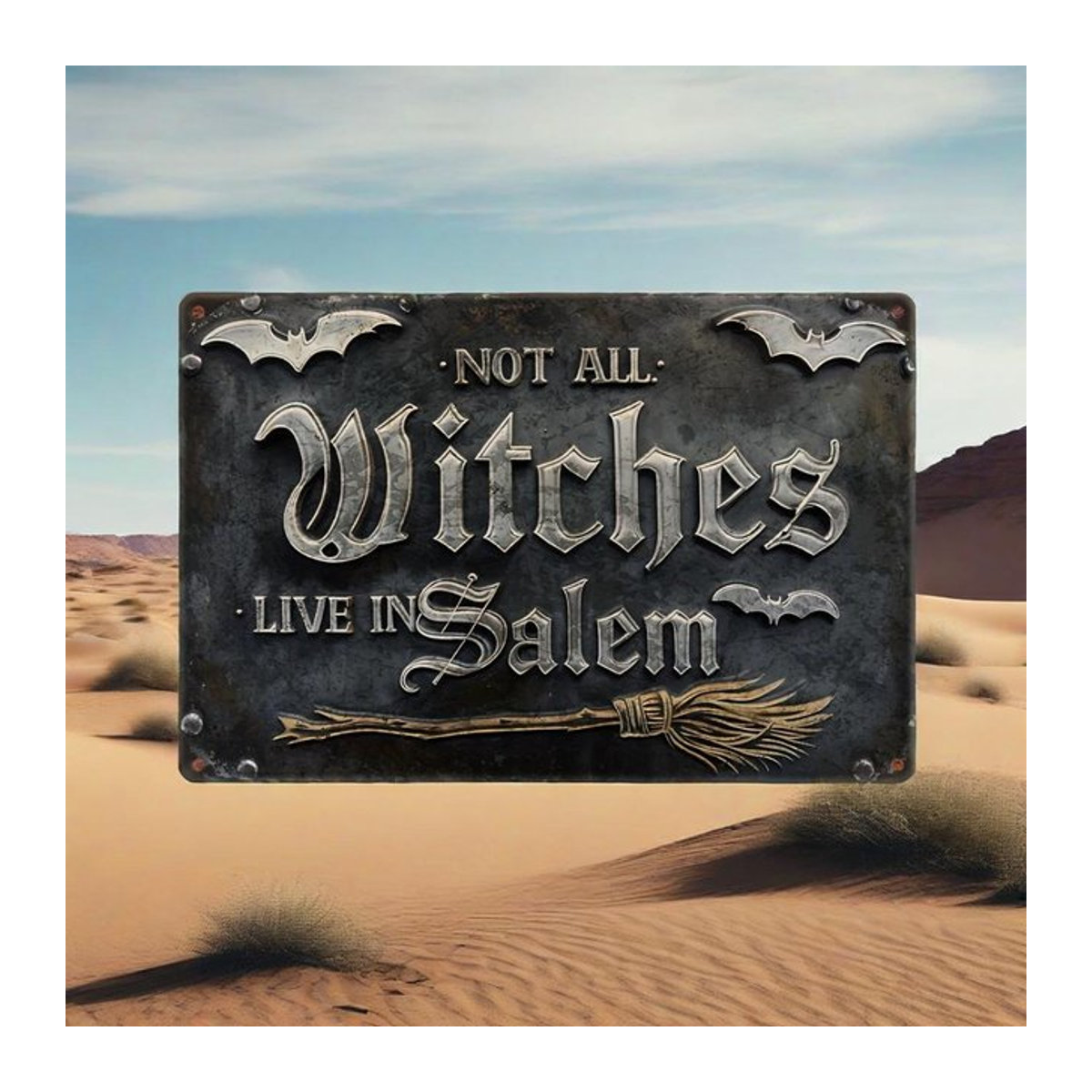 HELLOYOUNG Vintage-Wandschild aus Aluminium Not All Witches Live in Salem mit Fledermaus und Besenstiel als Halloween-Dekoration - Bild 1