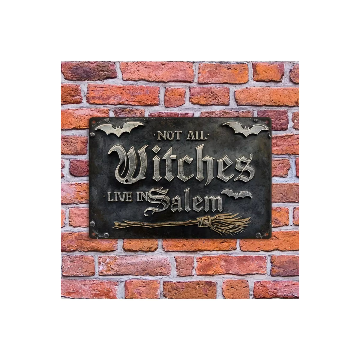 HELLOYOUNG Vintage-Wandschild aus Aluminium Not All Witches Live in Salem mit Fledermaus und Besenstiel als Halloween-Dekoration - Bild 2