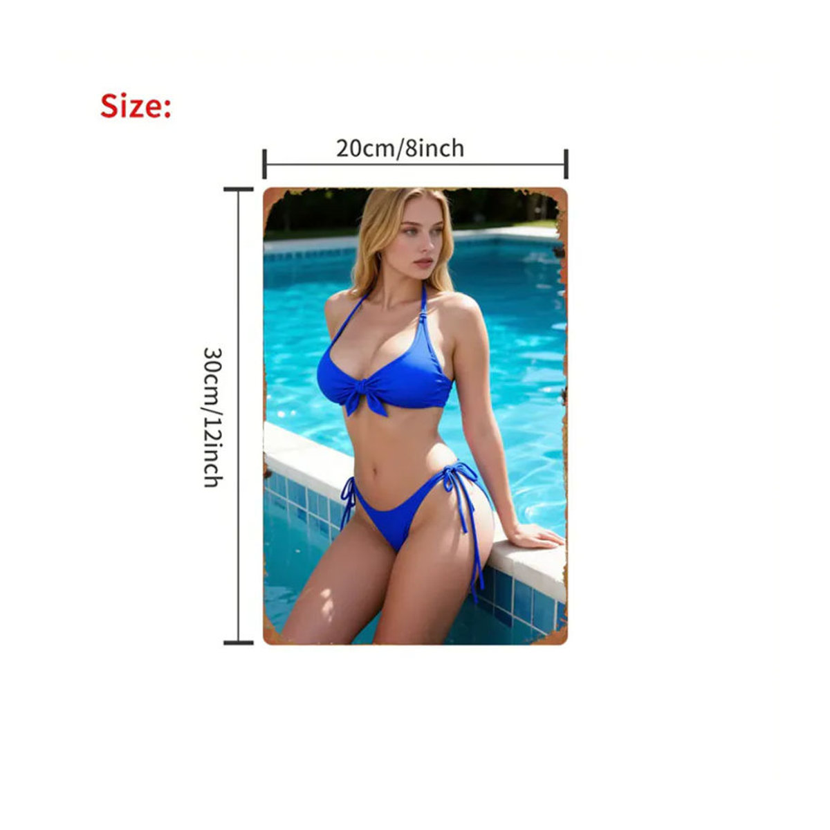 HELLOYOUNG Wandkunst aus Metall mit blauem Bikini-Mädchen und Pool-Szene, rechteckige Eisenplakette zur Dekoration, B/H: 30,48 x 30,48 cm - Bild 2