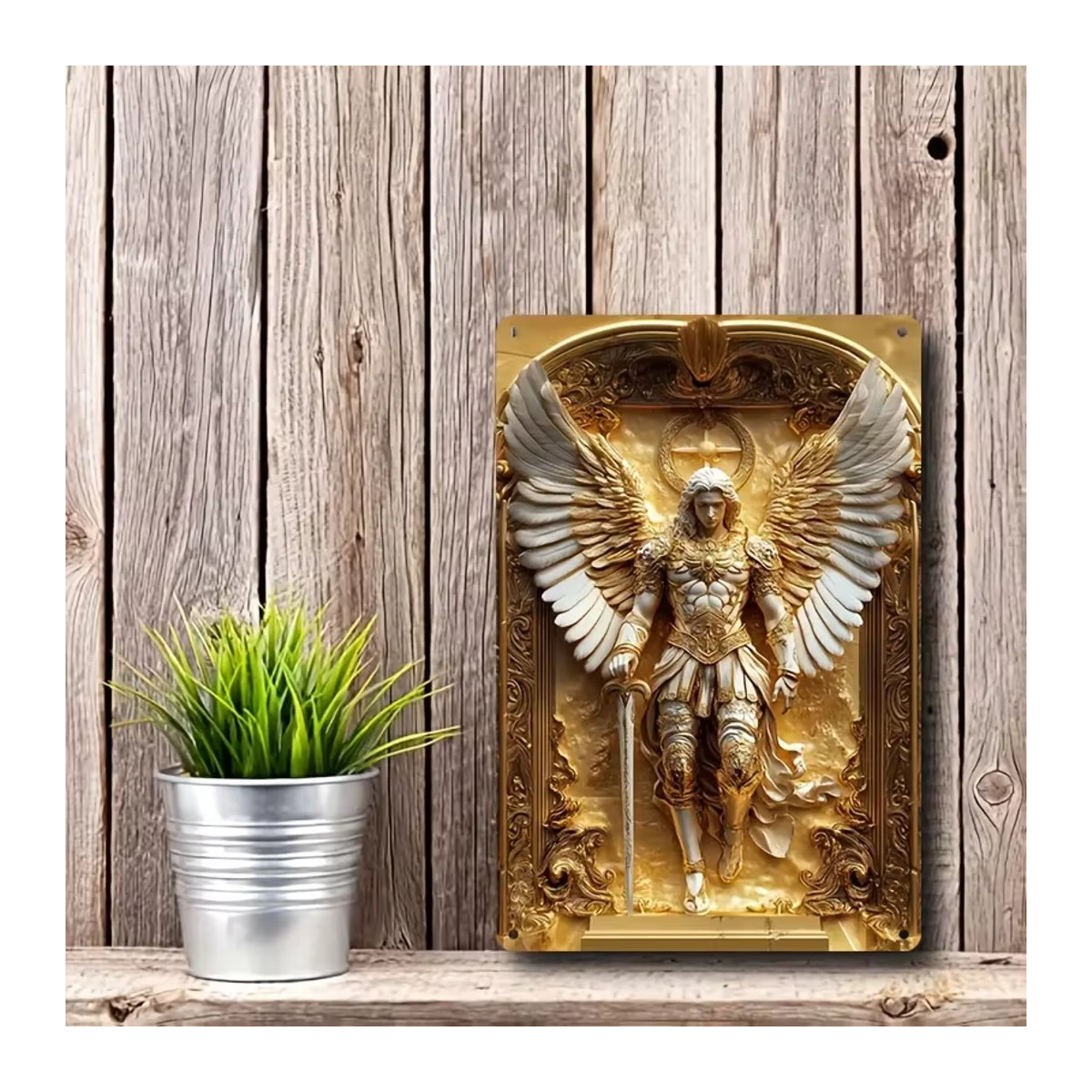 HELLOYOUNG Wandkunst Erzengel Michael aus Aluminium in Gold mit Halo und Schwert - Bild 4