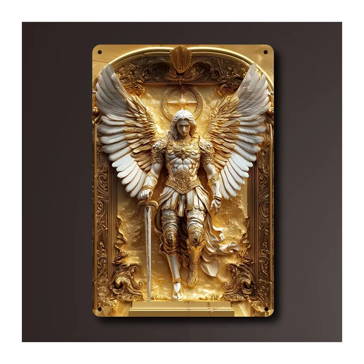 HELLOYOUNG Wandkunst Erzengel Michael aus Aluminium in Gold mit Halo und Schwert - Bild 6