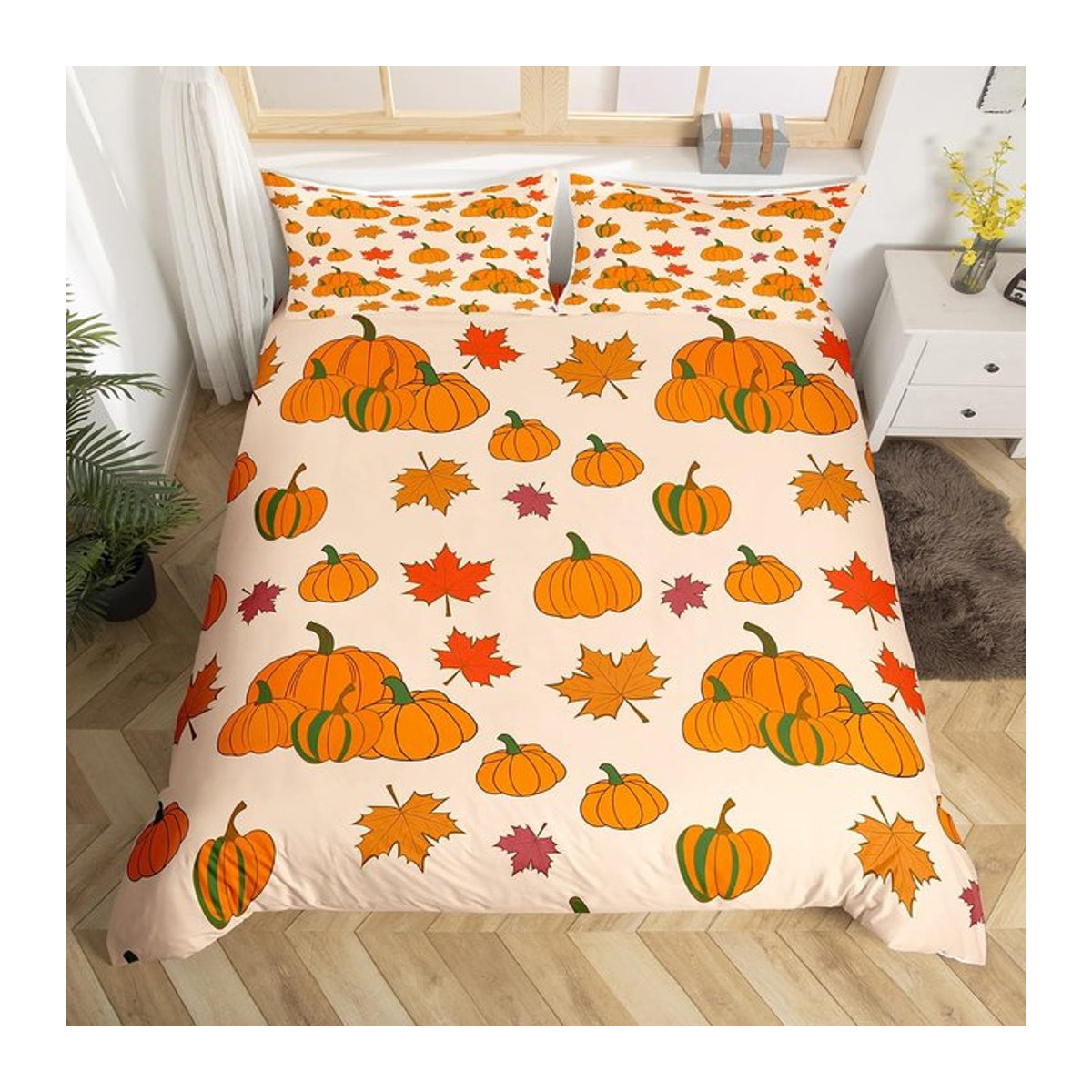 Herbstkürbis Bettwäsche Set mit Herbstblättern im Boho Floral Bauernhaus Design, B/H: 135 x 200 cm - Bild 1