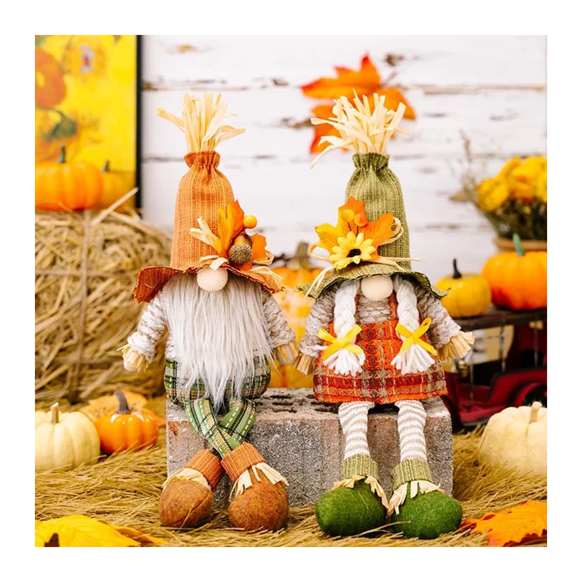 Herbstliche Gnom-Puppe mit Kürbis, Sonnenblume und Ahornblatt als dekorative Figur für Thanksgiving und Weihnachten - Bild 1