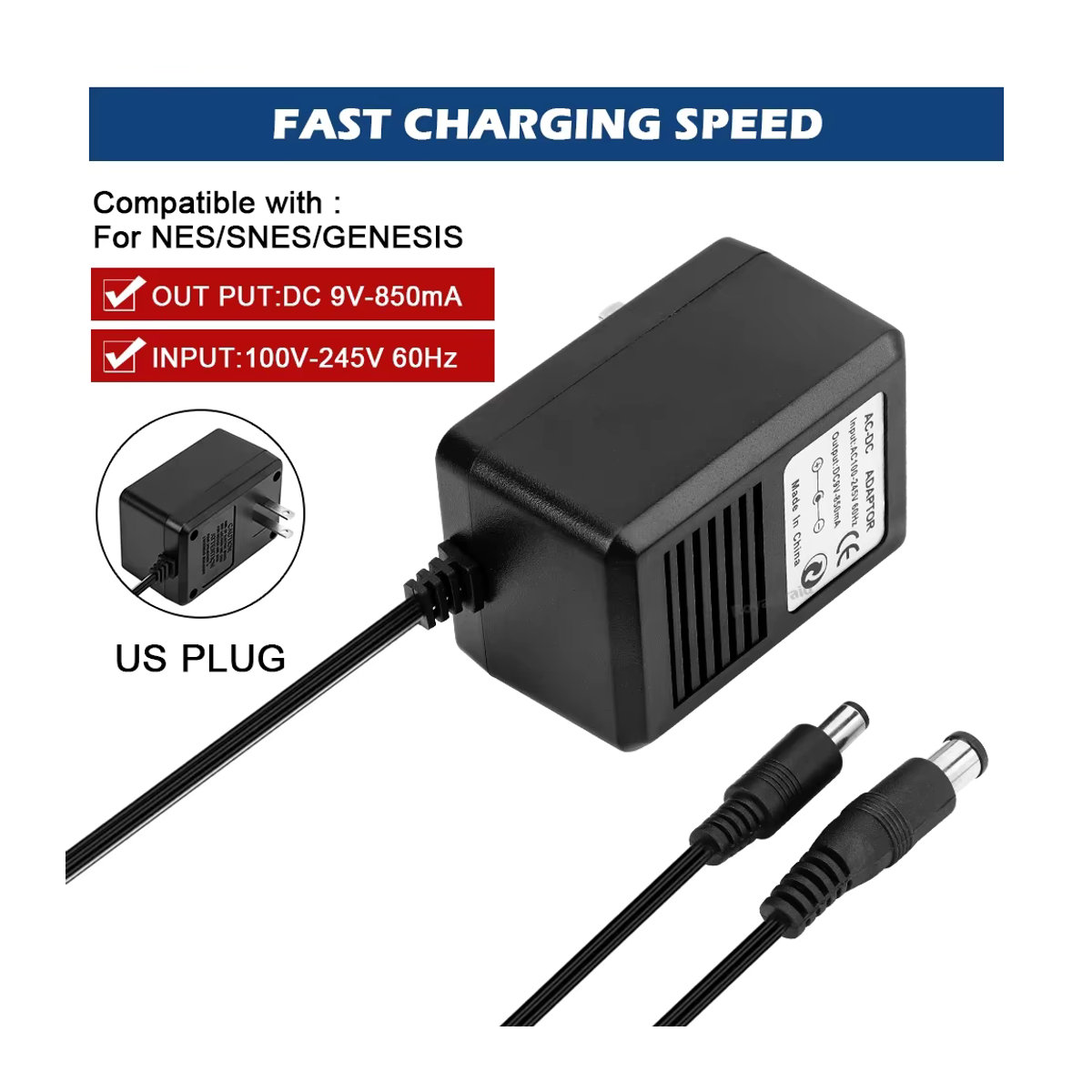 HeroAngel 3 in 1 AC Adapter Netzteil Ladegerät für NES, SNES und SEGA Genesis in Schwarz - Bild 2