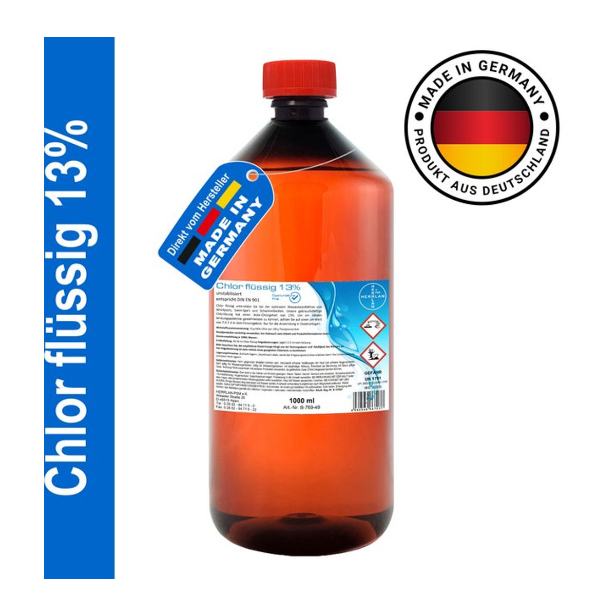 HERRLAN Chlordesinfektionsmittel 13% ungestabilisiert und cyanurbefrei für Schwimmbecken, Spa und Whirlpool - Bild 1