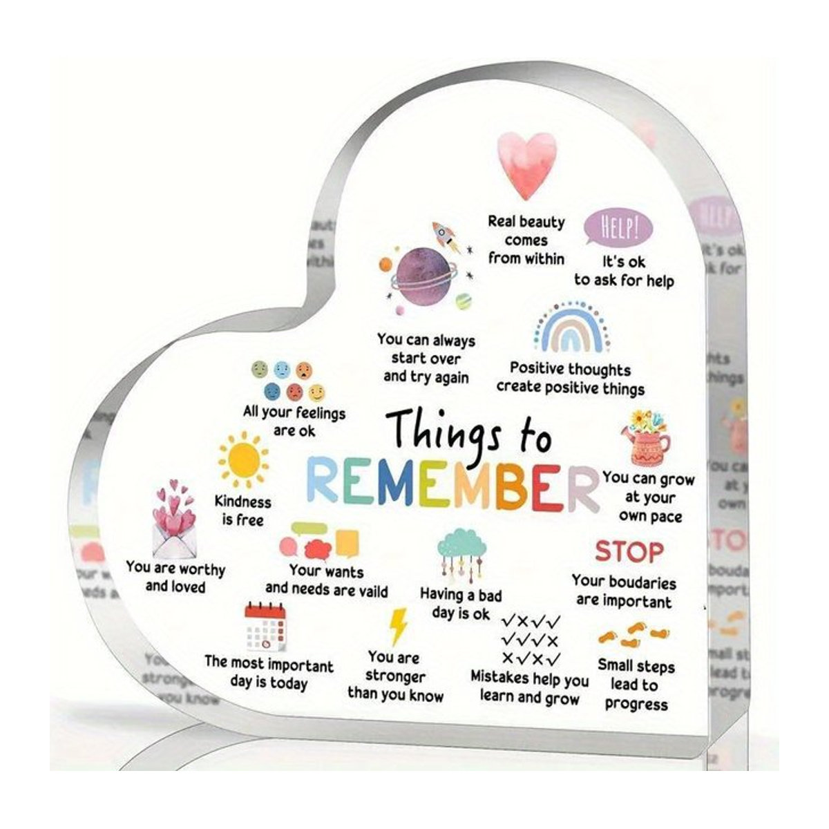 Herzförmiges Acryl-Desktop-Dekor-Schild in Transparent für positive psychische Gesundheit und als Gedenkgeschenk zum Geburtstag - Bild 1