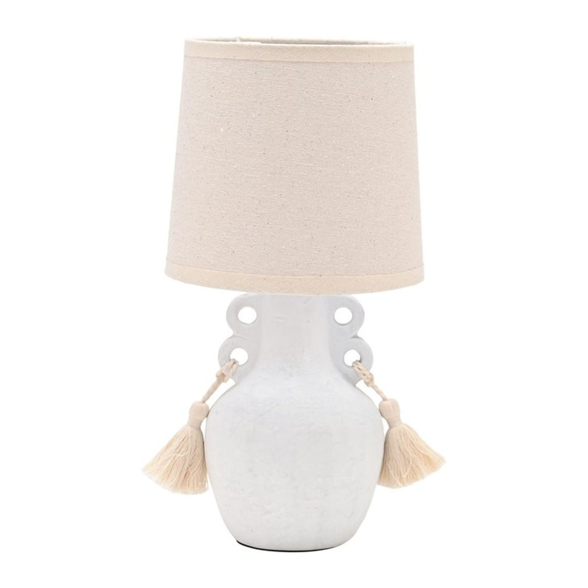 Hestia Vase Lampe mit Steinfinish und Quasten in Weiß und Cremefarben im Boho-Stil, Höhe: 30 cm - Bild 1