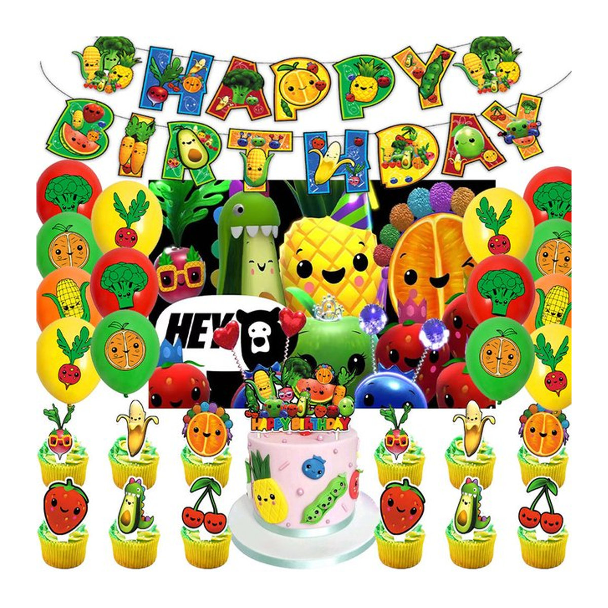 Hey Bear Obst-Thema Party-Dekoration für Kinder, mehrfarbiges Cartoon-Obst-Banner aus Papier zum Aufhängen - Bild 1