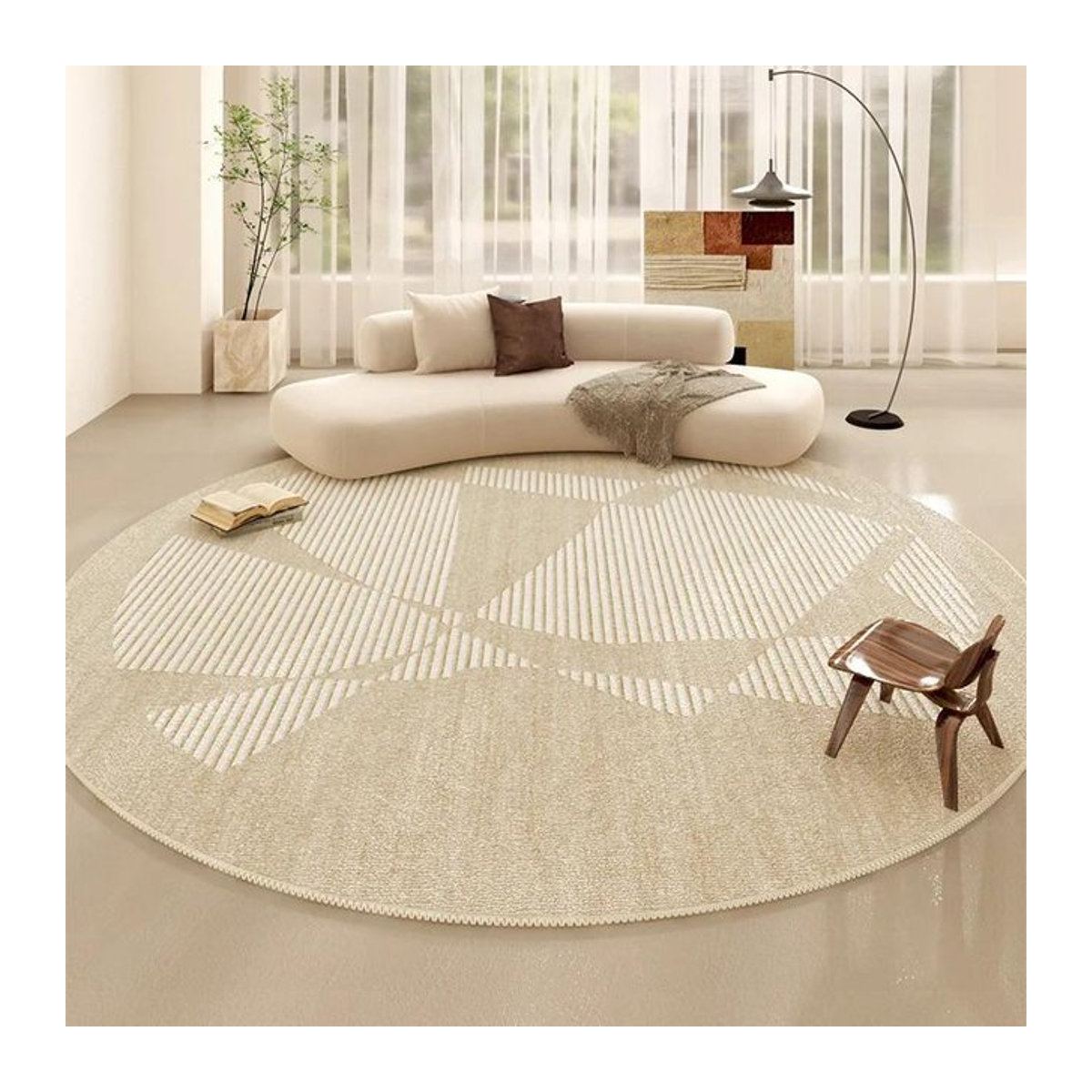 HGHT Japanischer Stil Runder Teppich Minimalistisches Linien-Design Flauschig Weich Plüschmatte für Wohnzimmer und Schlafzimmer Durchmesser: 80 cm - Bild 1