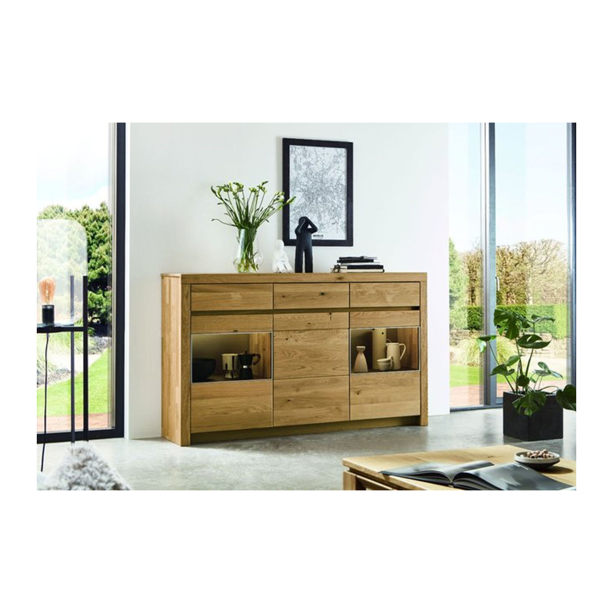 Highboard SORAGA von witlake in Eiche Natur und Braun, modernes Design aus Massivholz und Glas, B/T/H: 190 x 42 x 110 cm - Bild 1