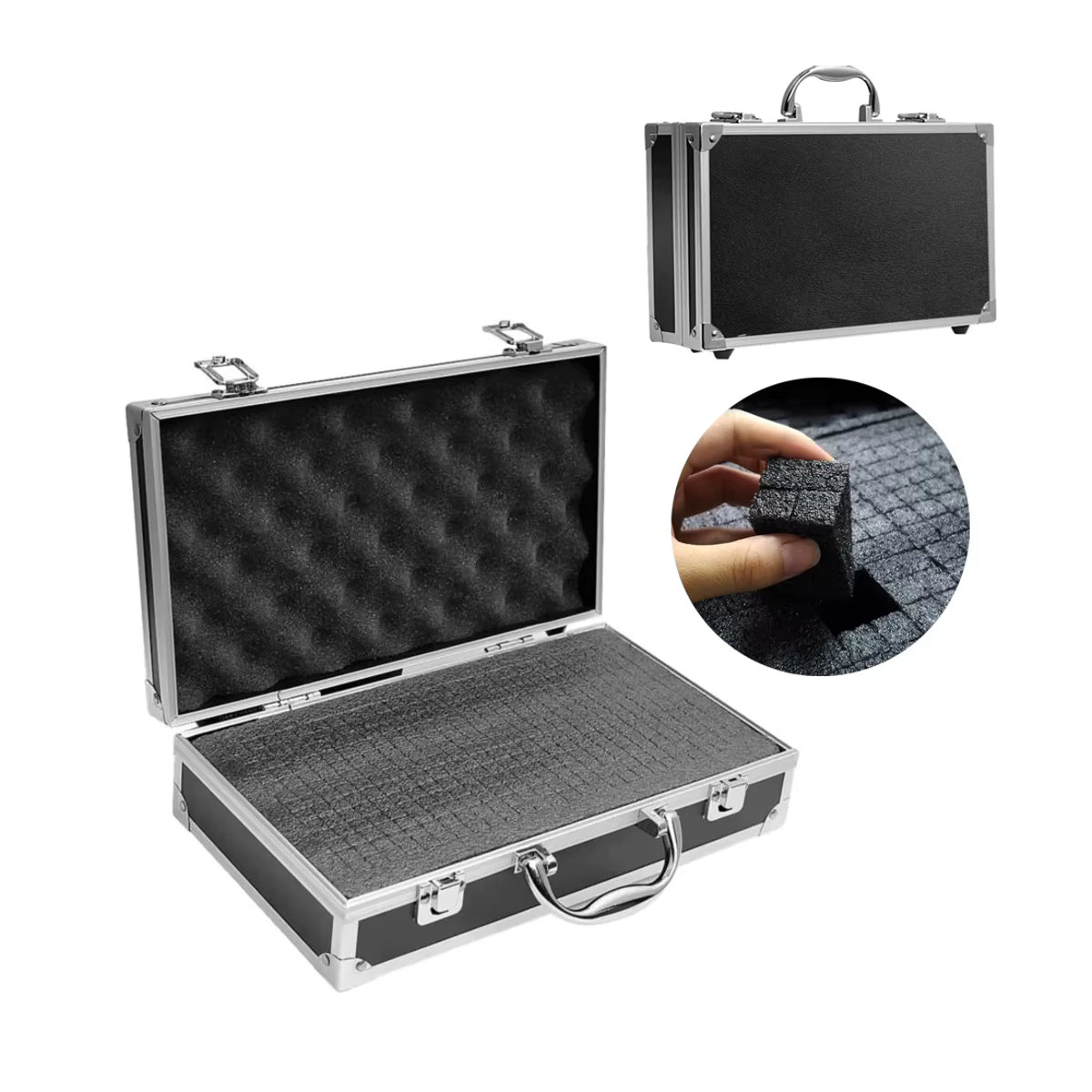 HILEBACK Aluminium-Werkzeugkasten Schwarz, tragbarer Aufbewahrungskoffer mit Schwammfutter, schlagfest, B/T/H: 30 x 17 x 8 cm - Bild 6
