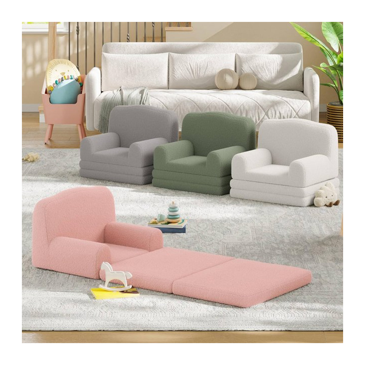 HiMISS Kinder-Lesestuhl Sherpa Kleinkind-Sofa mit Kronen-Design, ausklappbares Schlafsofa aus Kunstfell mit waschbarem Bezug für das Kinderzimmer in Beige oder Rosa - Bild 1