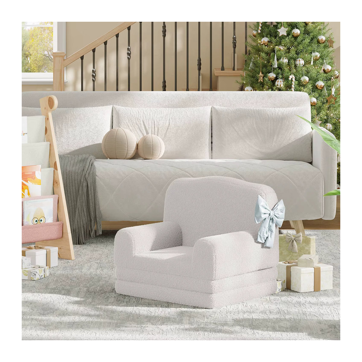 HiMISS Kinder-Lesestuhl Sherpa Kleinkind-Sofa mit Kronen-Design, ausklappbares Schlafsofa aus Kunstfell mit waschbarem Bezug für das Kinderzimmer in Beige oder Rosa - Bild 2