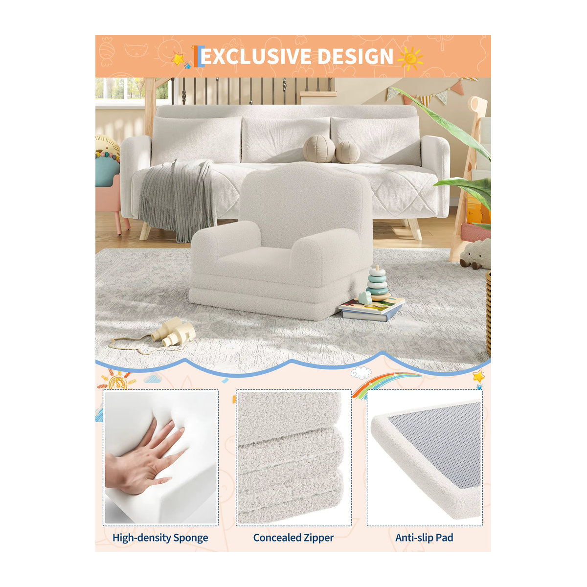 HiMISS Kinder-Lesestuhl Sherpa Kleinkind-Sofa mit Kronen-Design, ausklappbares Schlafsofa aus Kunstfell mit waschbarem Bezug für das Kinderzimmer in Beige oder Rosa - Bild 3