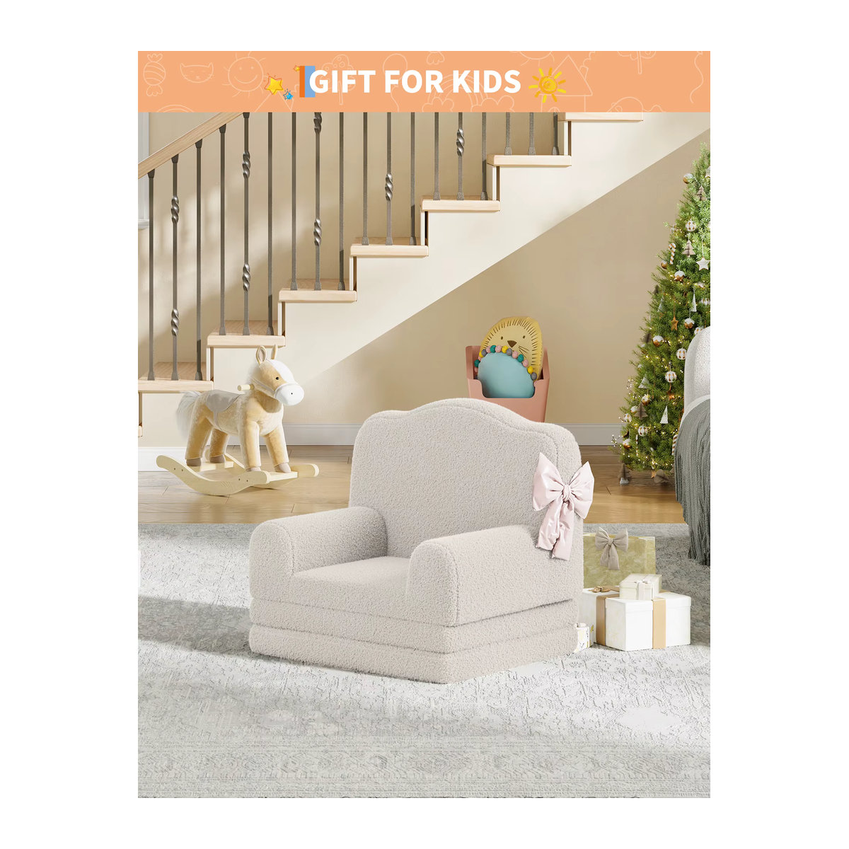 HiMISS Kinder-Lesestuhl Sherpa Kleinkind-Sofa mit Kronen-Design, ausklappbares Schlafsofa aus Kunstfell mit waschbarem Bezug für das Kinderzimmer in Beige oder Rosa - Bild 4