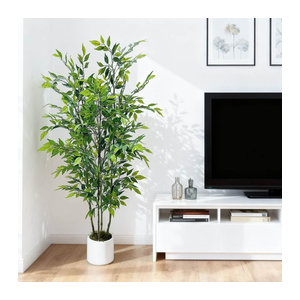 HiMISS Künstlicher Ficus-Baum in Grün mit weißem Übertopf, Textil-Pflanze für Innen und Außen, Höhe: 180 cm
