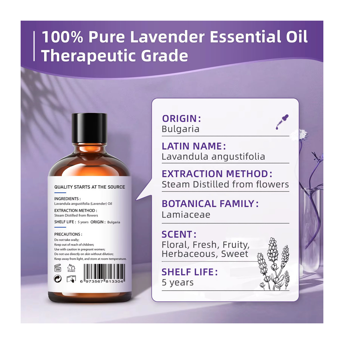 HIQILI Ätherisches Lavendelöl für Aromatherapie und Massage, 100 ml - Bild 3