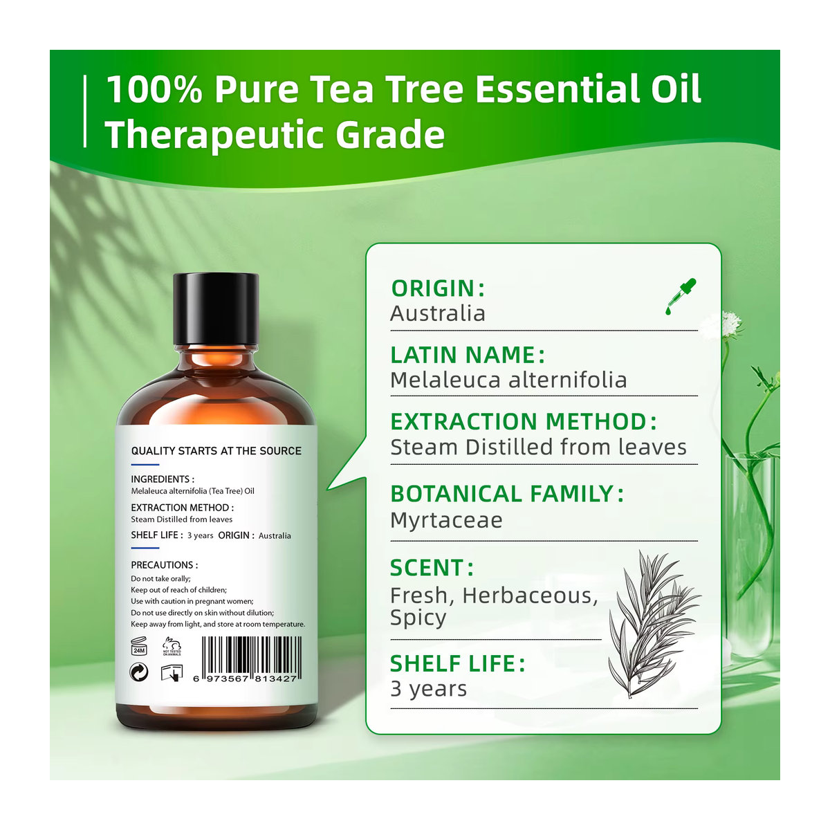 HIQILI Ätherisches Teebaumöl für Aromatherapie und Massage, 100 ml - Bild 3