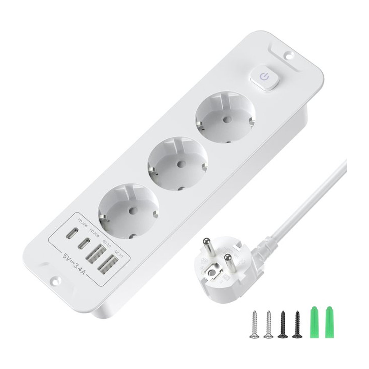 HITRENDS 7-in-1 Unterputz-Steckdose mit Schalter, Weiß, 2 USB-A + 2 USB-C, 20 W Schnellladung und Überspannungsschutz - Bild 1