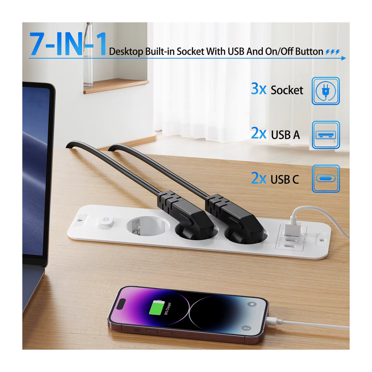 HITRENDS 7-in-1 Unterputz-Steckdose mit Schalter, Weiß, 2 USB-A + 2 USB-C, 20 W Schnellladung und Überspannungsschutz - Bild 2