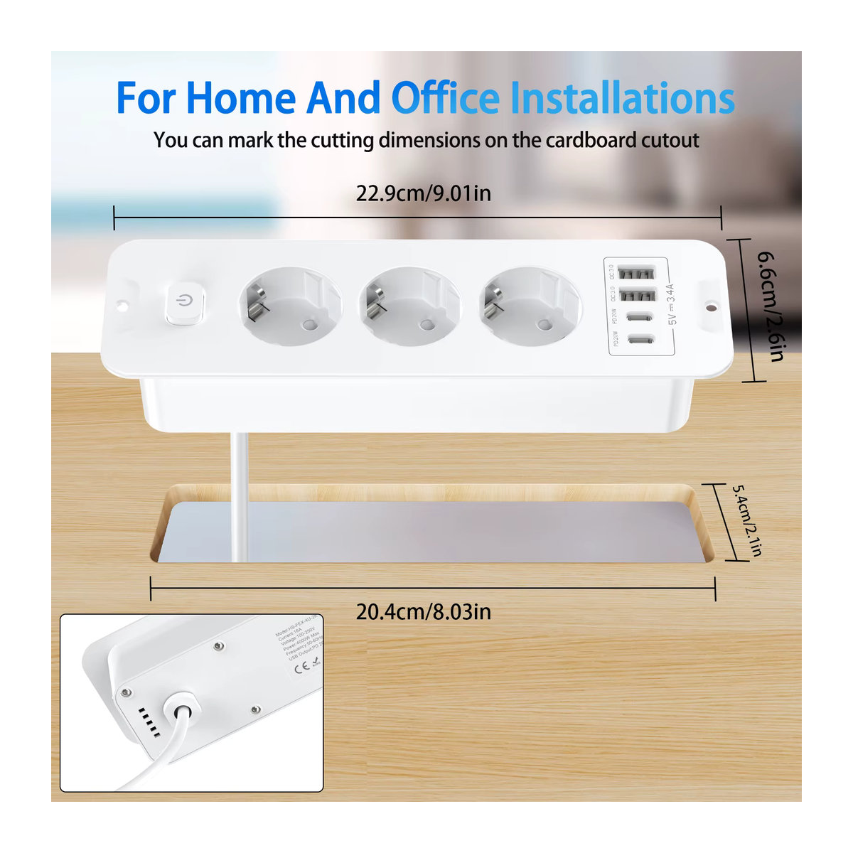 HITRENDS 7-in-1 Unterputz-Steckdose mit Schalter, Weiß, 2 USB-A + 2 USB-C, 20 W Schnellladung und Überspannungsschutz - Bild 3
