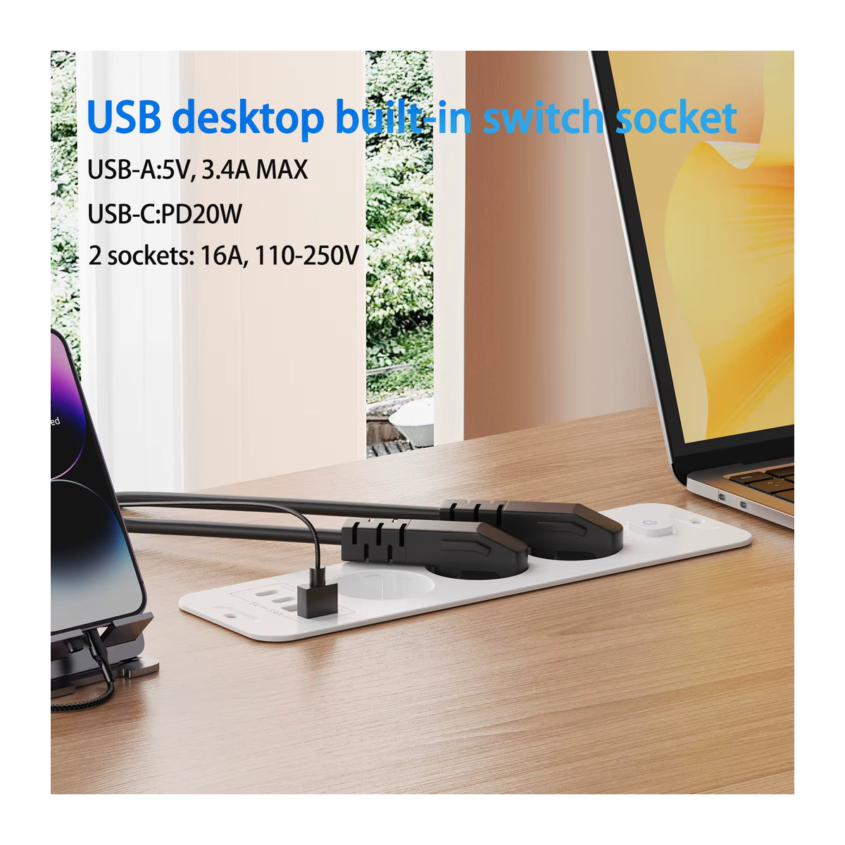 HITRENDS 7-in-1 Unterputz-Steckdose mit Schalter, Weiß, 2 USB-A + 2 USB-C, 20 W Schnellladung und Überspannungsschutz - Bild 4