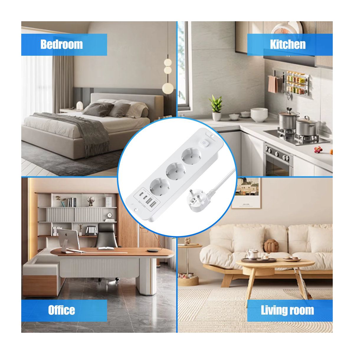 HITRENDS 7-in-1 Unterputz-Steckdose mit Schalter, Weiß, 2 USB-A + 2 USB-C, 20 W Schnellladung und Überspannungsschutz - Bild 5