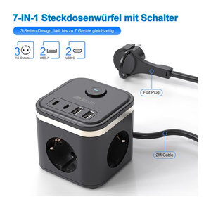 HITRENDS EU-Steckdosenleiste in Schwarz mit 3 AC-Steckdosen, 2 USB-C Schnelllade-Anschlüssen und 2 m Kabel