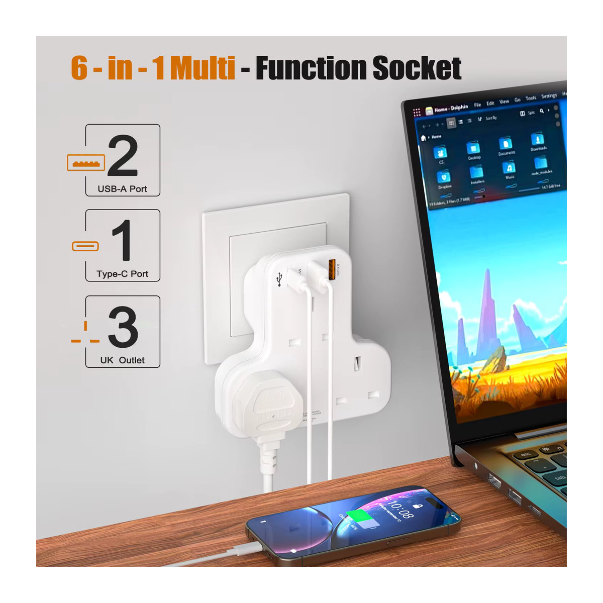 HITRENDS UK Wandsteckdose Stecker Extender mit 3 AC-Ausgängen, 2 USB-Ports inklusive QC 3.0 und USB-C PD 20W Schnellladeadapter in Weiß - Bild 2