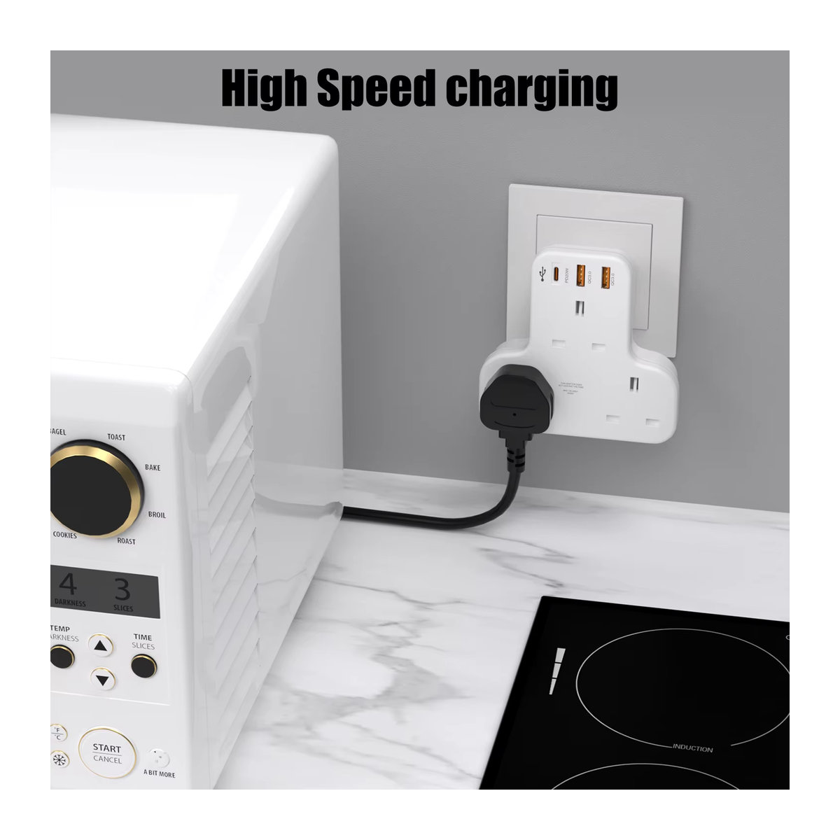 HITRENDS UK Wandsteckdose Stecker Extender mit 3 AC-Ausgängen, 2 USB-Ports inklusive QC 3.0 und USB-C PD 20W Schnellladeadapter in Weiß - Bild 3