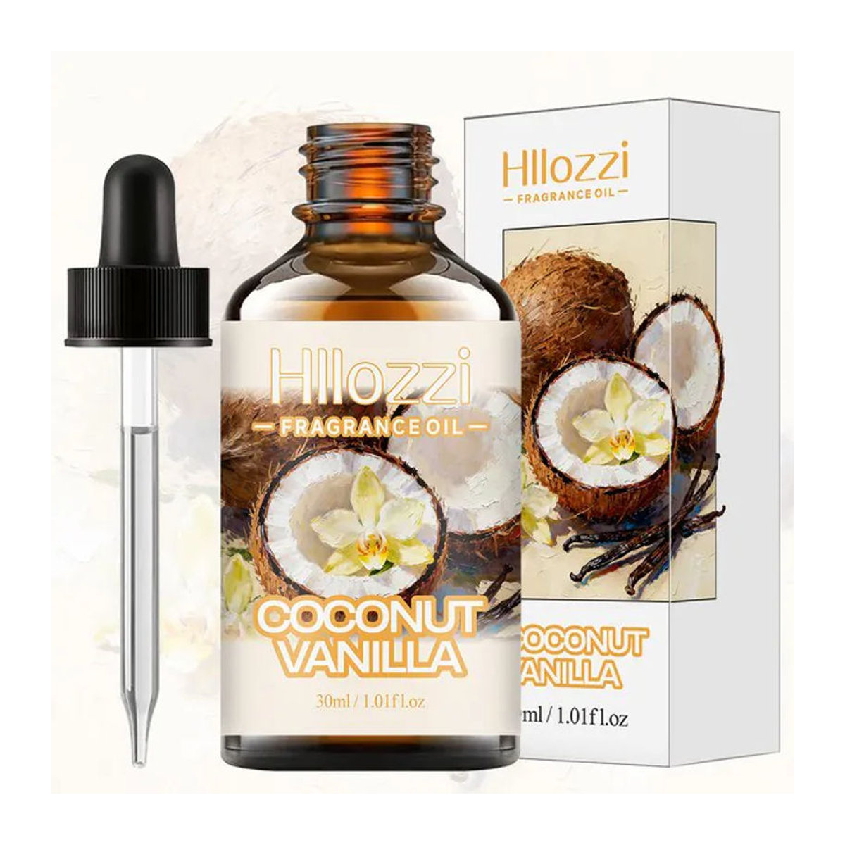 Hllozzi Duftöl Kokosnuss-Vanille für Aromatherapie und Kerzen in Glas, transparent, rund - Bild 1