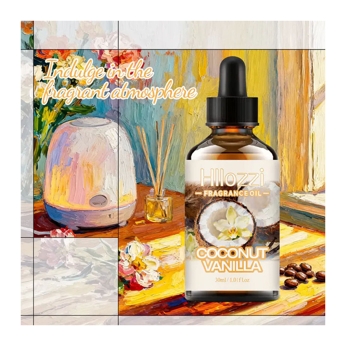 Hllozzi Duftöl Kokosnuss-Vanille für Aromatherapie und Kerzen in Glas, transparent, rund - Bild 2