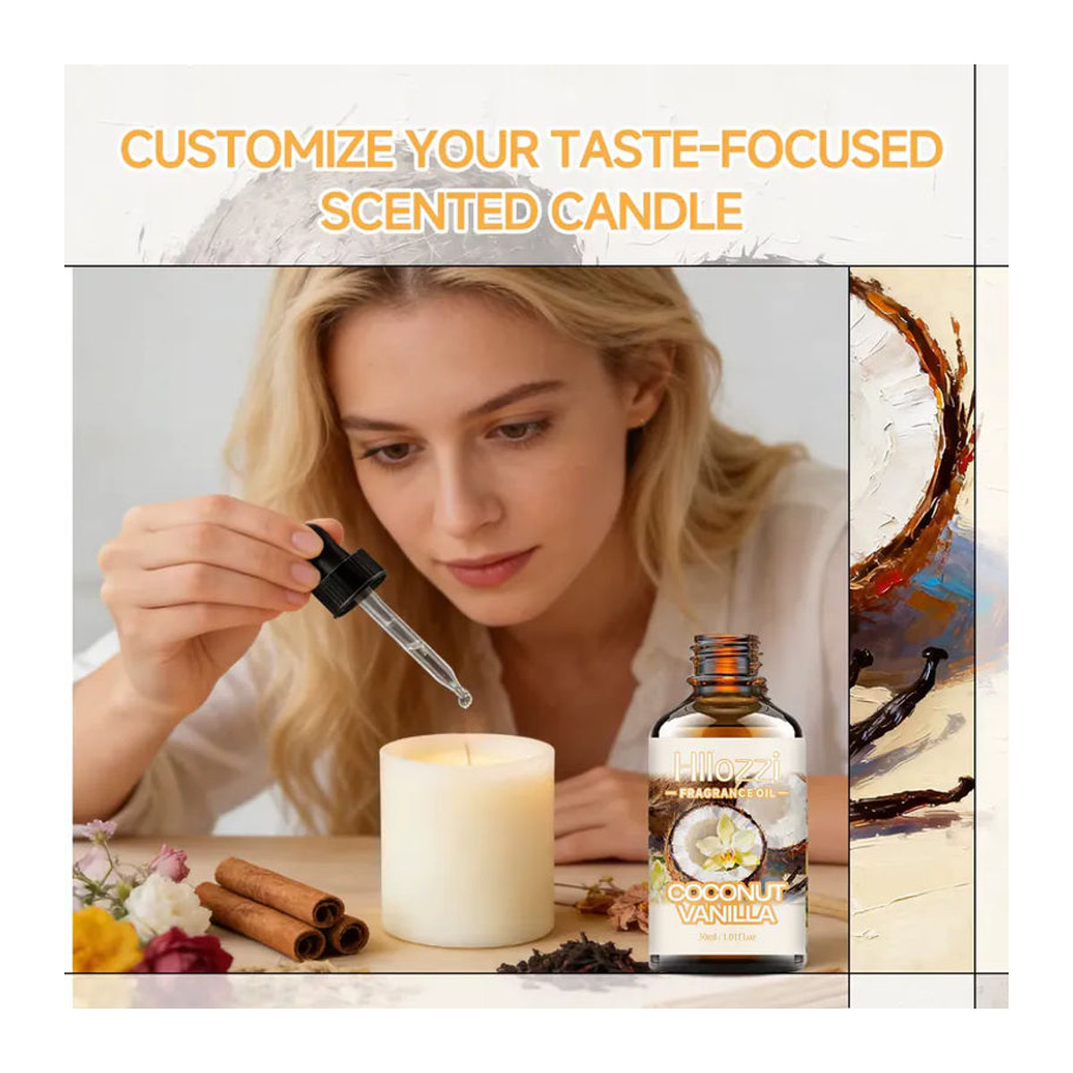 Hllozzi Duftöl Kokosnuss-Vanille für Aromatherapie und Kerzen in Glas, transparent, rund - Bild 4
