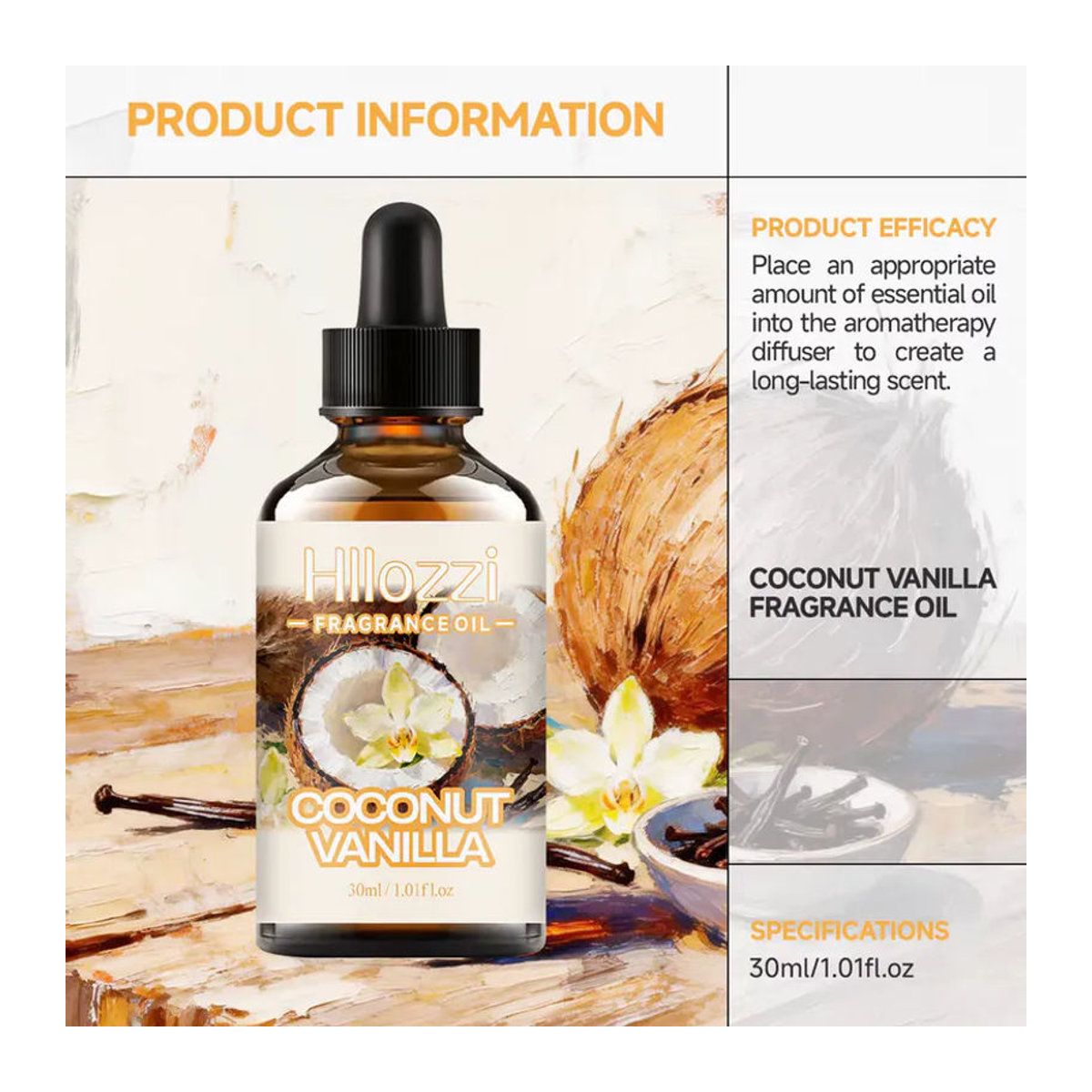 Hllozzi Duftöl Kokosnuss-Vanille für Aromatherapie und Kerzen in Glas, transparent, rund - Bild 6