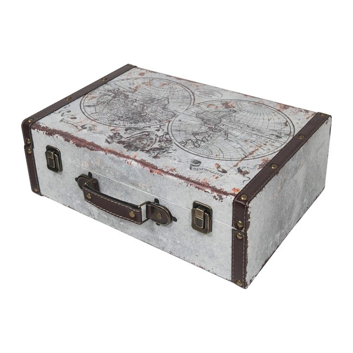 HMF VKO101 Vintage Koffer aus Holz in Braun mit Weltkarte, B/T/H: 38 x 26 x 13 cm - Bild 1
