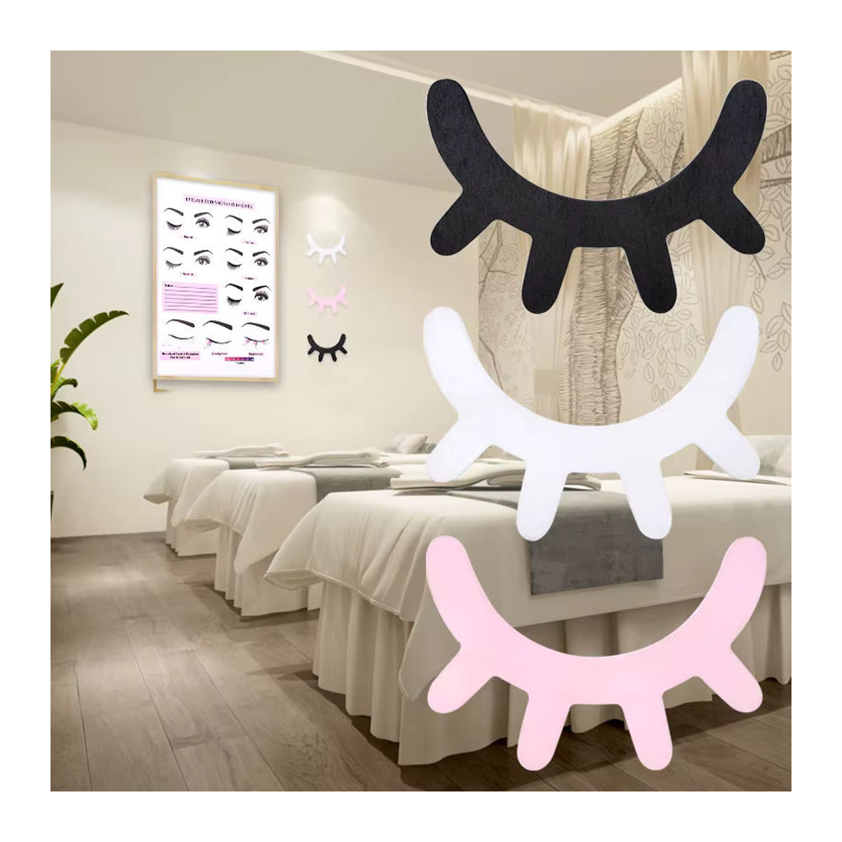 HMQ beauty 2er Set Holz Wandaufkleber mit 3D Augen und Wimpern Muster in Schwarz und Mehrfarbig zur Dekoration für Wimpernstudios und Schönheitssalons - Bild 2