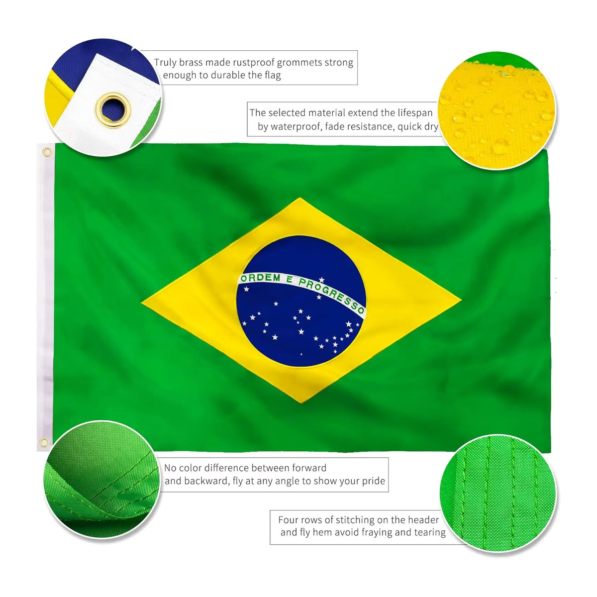 Hochwertige Brasilien Flagge aus besticktem Nylon, wasserdicht und robust, B/H: 91,44 x 152,4 cm - Bild 3