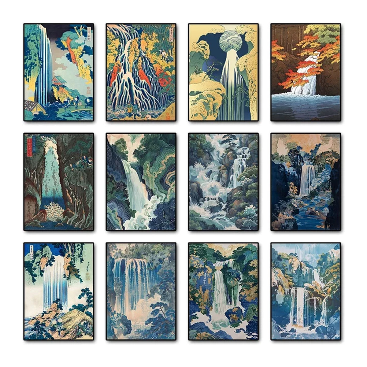 Hokusai Ukiyo-e Vintage Wandkunst: Japanischer Wasserfall als Leinwanddruck in Blau und Grün - Bild 1