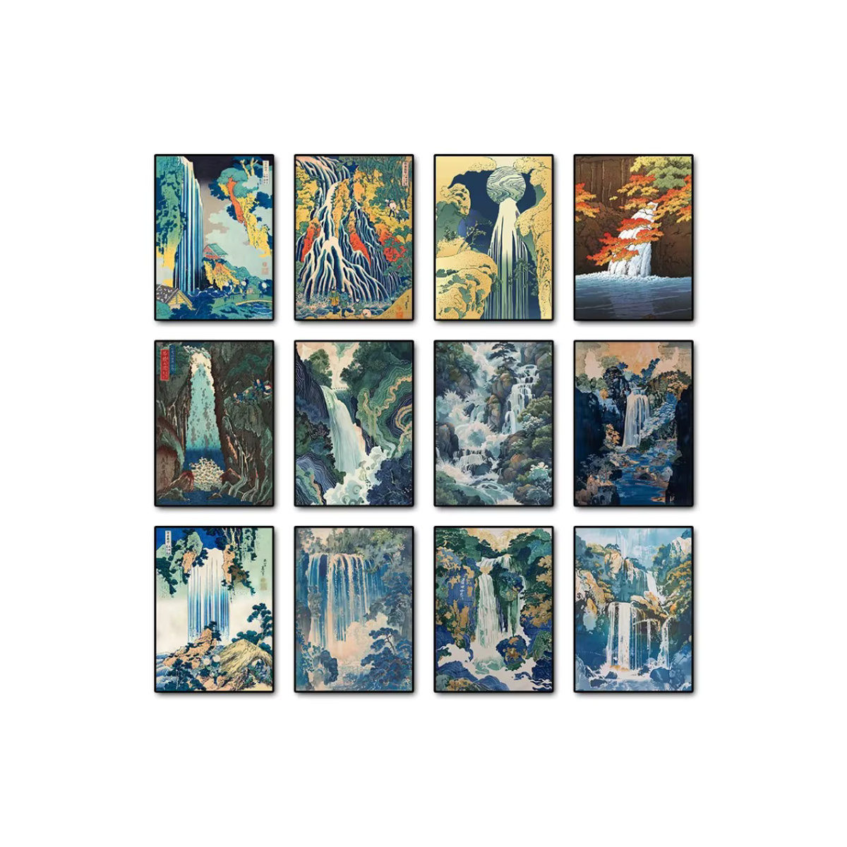 Hokusai Ukiyo-e Vintage Wandkunst: Japanischer Wasserfall als Leinwanddruck in Blau und Grün - Bild 2