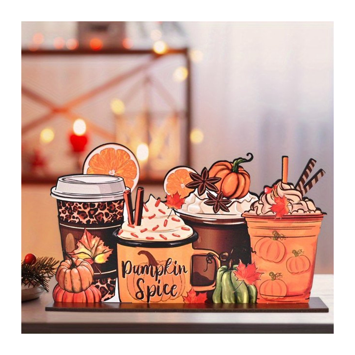 Holz-Desktop-Ornament für Thanksgiving mit Kürbis-Design in Orange und Multicolor - Bild 1