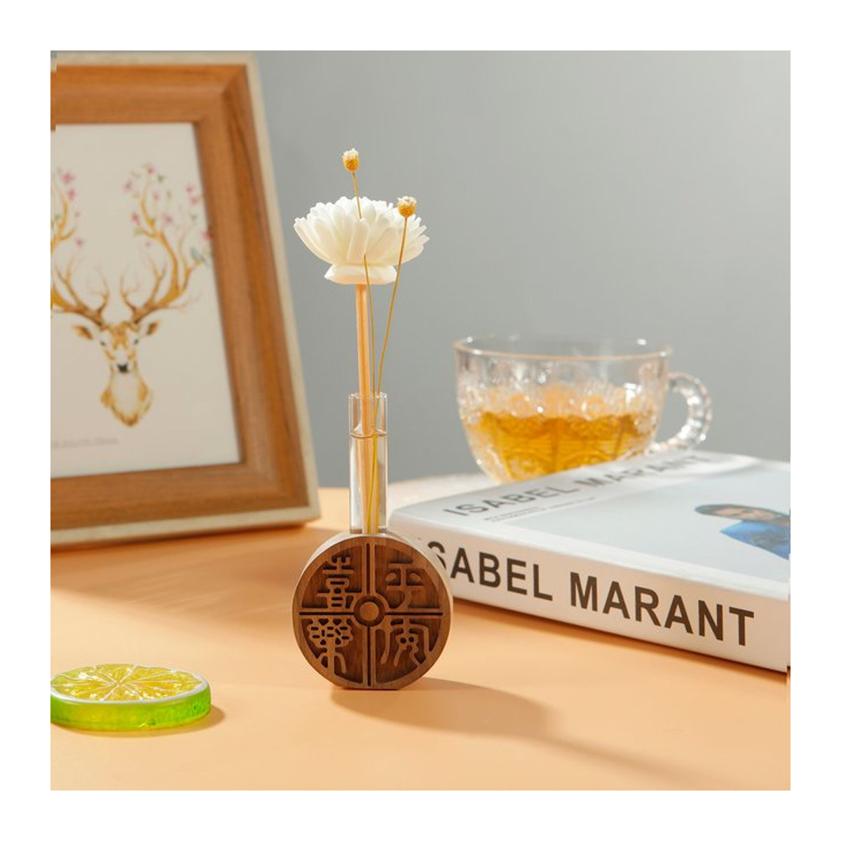 Holz Home Reed Diffusor aus Glas mit Holz und Sticks in Transparent, runder Glasbehälter für ätherische Öle - Bild 1
