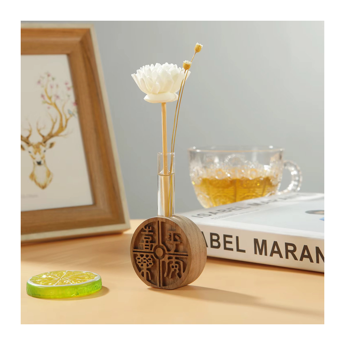 Holz Home Reed Diffusor aus Glas mit Holz und Sticks in Transparent, runder Glasbehälter für ätherische Öle - Bild 2